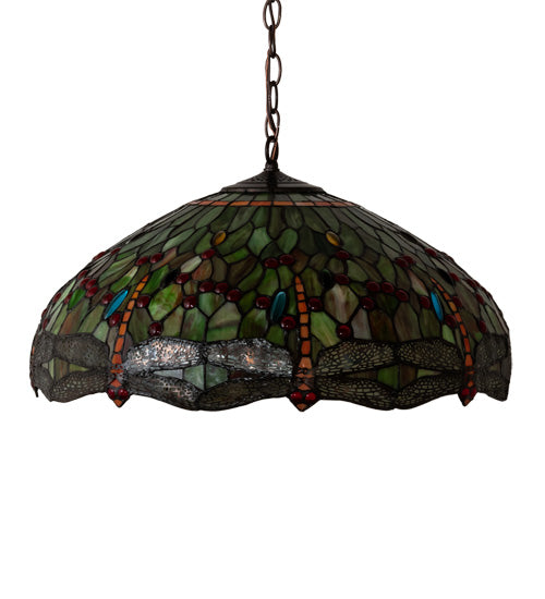 Meyda Lighting Tiffany Hanginghead Dragonfly 31108 22" 3-Light Mahogany Bronze Pendant Light With Multi-Colored Shade Glass