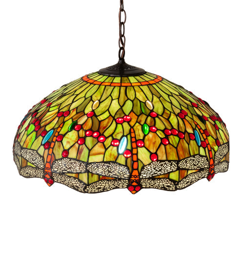Meyda Lighting Tiffany Hanginghead Dragonfly 31108 22" 3-Light Mahogany Bronze Pendant Light With Multi-Colored Shade Glass