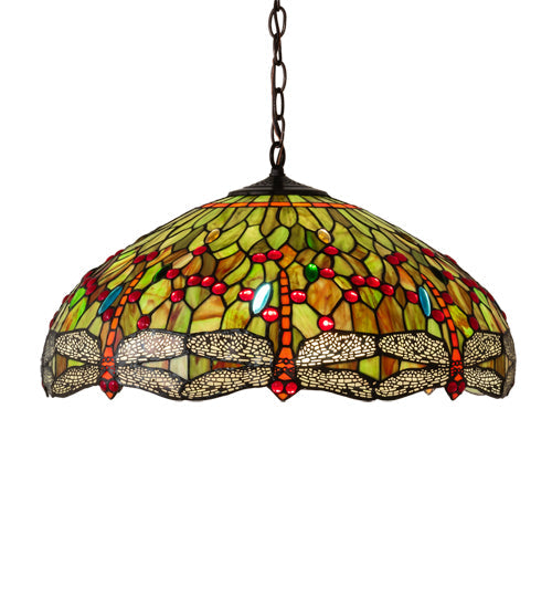 Meyda Lighting Tiffany Hanginghead Dragonfly 31108 22" 3-Light Mahogany Bronze Pendant Light With Multi-Colored Shade Glass