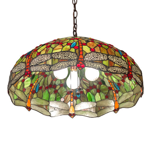 Meyda Lighting Tiffany Hanginghead Dragonfly 31108 22" 3-Light Mahogany Bronze Pendant Light With Multi-Colored Shade Glass