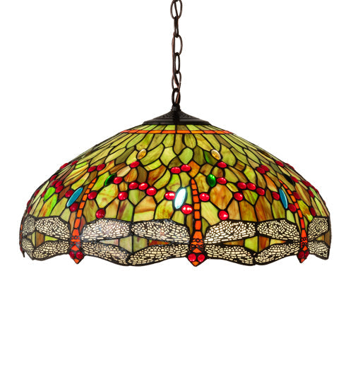 Meyda Lighting Tiffany Hanginghead Dragonfly 31108 22" 3-Light Mahogany Bronze Pendant Light With Multi-Colored Shade Glass