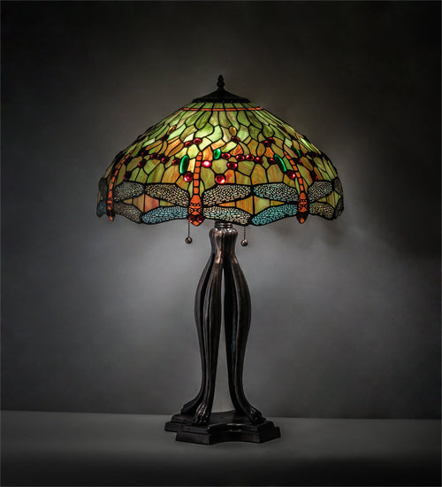 Meyda Lighting Tiffany Hanginghead Dragonfly 31109 31" 3-Light Mahogany Bronze Table Lamp With Multi-Colored Shade Glass