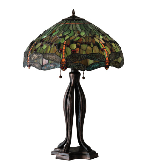 Meyda Lighting Tiffany Hanginghead Dragonfly 31109 31" 3-Light Mahogany Bronze Table Lamp With Multi-Colored Shade Glass