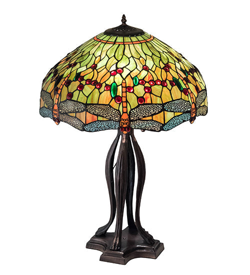 Meyda Lighting Tiffany Hanginghead Dragonfly 31109 31" 3-Light Mahogany Bronze Table Lamp With Multi-Colored Shade Glass