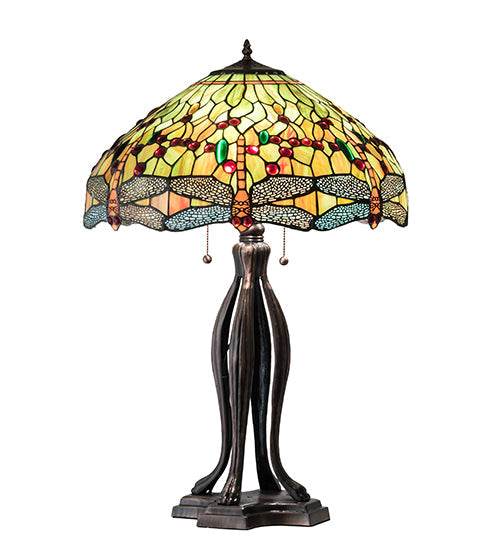 Meyda Lighting Tiffany Hanginghead Dragonfly 31109 31" 3-Light Mahogany Bronze Table Lamp With Multi-Colored Shade Glass