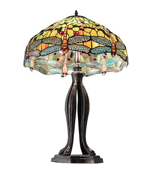 Meyda Lighting Tiffany Hanginghead Dragonfly 31109 31" 3-Light Mahogany Bronze Table Lamp With Multi-Colored Shade Glass
