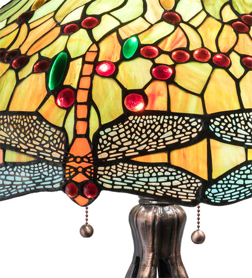 Meyda Lighting Tiffany Hanginghead Dragonfly 31109 31" 3-Light Mahogany Bronze Table Lamp With Multi-Colored Shade Glass