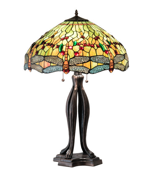 Meyda Lighting Tiffany Hanginghead Dragonfly 31109 31" 3-Light Mahogany Bronze Table Lamp With Multi-Colored Shade Glass