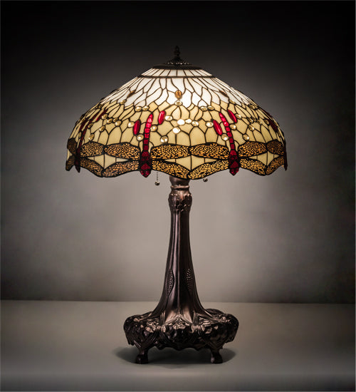 Meyda Lighting Tiffany Hanginghead Dragonfly 31664 31" 3-Light Mahogany Bronze Table Lamp With Multi-Colored Shade Glass