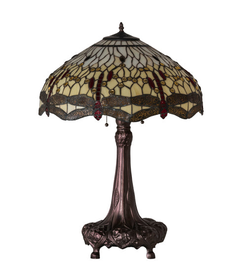 Meyda Lighting Tiffany Hanginghead Dragonfly 31664 31" 3-Light Mahogany Bronze Table Lamp With Multi-Colored Shade Glass