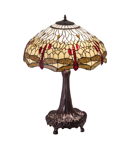 Meyda Lighting Tiffany Hanginghead Dragonfly 31664 31" 3-Light Mahogany Bronze Table Lamp With Multi-Colored Shade Glass