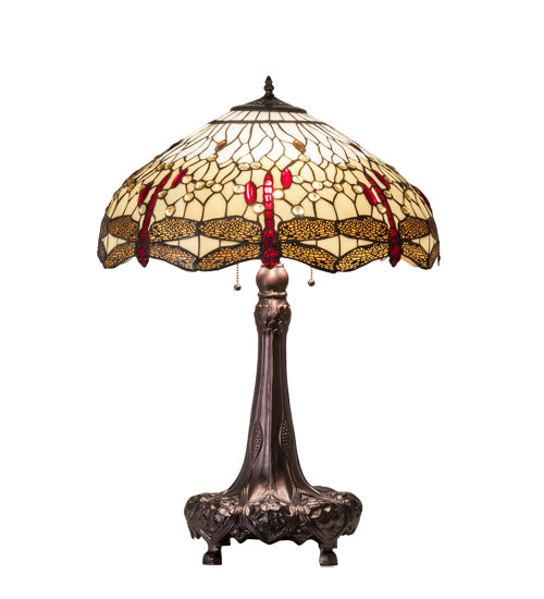 Meyda Lighting Tiffany Hanginghead Dragonfly 31664 31" 3-Light Mahogany Bronze Table Lamp With Multi-Colored Shade Glass