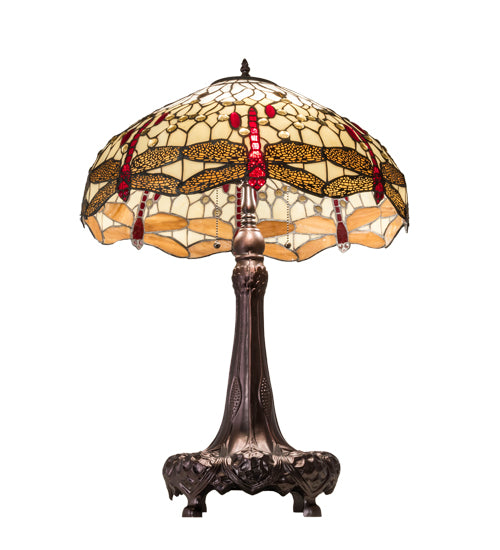 Meyda Lighting Tiffany Hanginghead Dragonfly 31664 31" 3-Light Mahogany Bronze Table Lamp With Multi-Colored Shade Glass