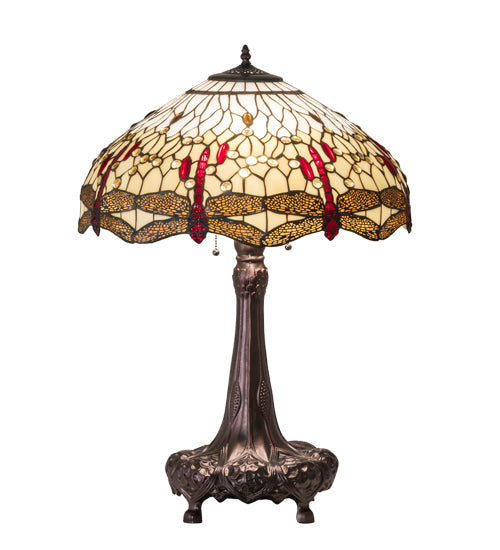 Meyda Lighting Tiffany Hanginghead Dragonfly 31664 31" 3-Light Mahogany Bronze Table Lamp With Multi-Colored Shade Glass