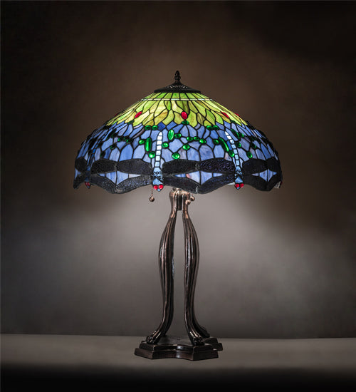 Meyda Lighting Tiffany Hanginghead Dragonfly 33" 3-Light Mahogany Bronze Table Lamp With Multi-Colored Shade Glass