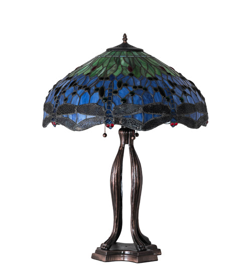 Meyda Lighting Tiffany Hanginghead Dragonfly 33" 3-Light Mahogany Bronze Table Lamp With Multi-Colored Shade Glass