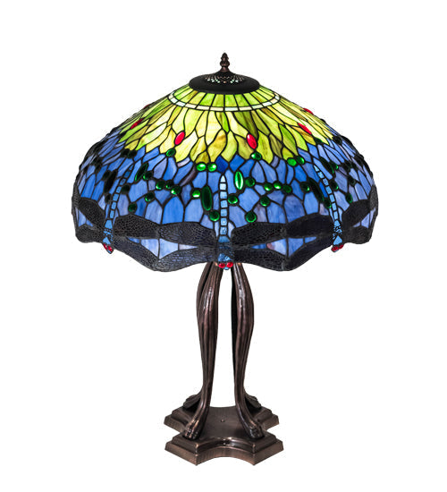 Meyda Lighting Tiffany Hanginghead Dragonfly 33" 3-Light Mahogany Bronze Table Lamp With Multi-Colored Shade Glass