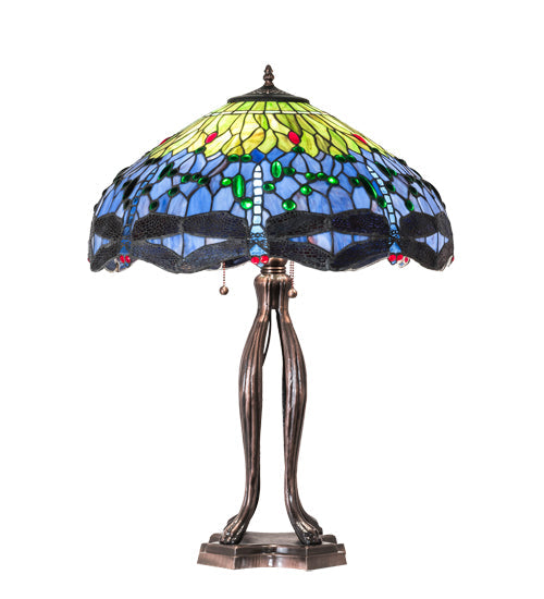 Meyda Lighting Tiffany Hanginghead Dragonfly 33" 3-Light Mahogany Bronze Table Lamp With Multi-Colored Shade Glass