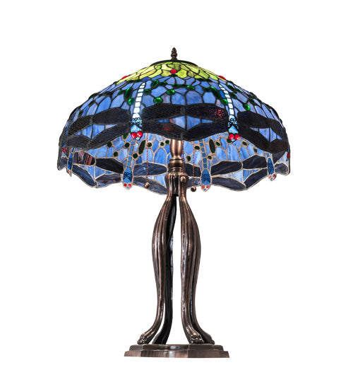 Meyda Lighting Tiffany Hanginghead Dragonfly 33" 3-Light Mahogany Bronze Table Lamp With Multi-Colored Shade Glass