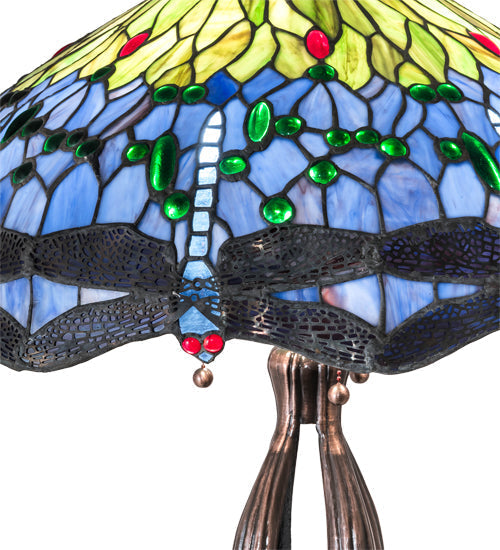 Meyda Lighting Tiffany Hanginghead Dragonfly 33" 3-Light Mahogany Bronze Table Lamp With Multi-Colored Shade Glass