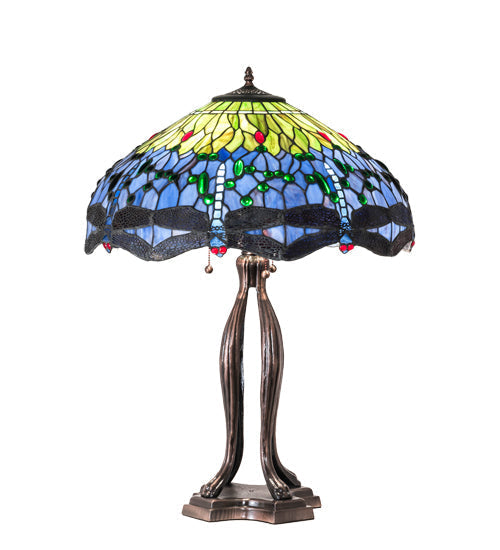Meyda Lighting Tiffany Hanginghead Dragonfly 33" 3-Light Mahogany Bronze Table Lamp With Multi-Colored Shade Glass