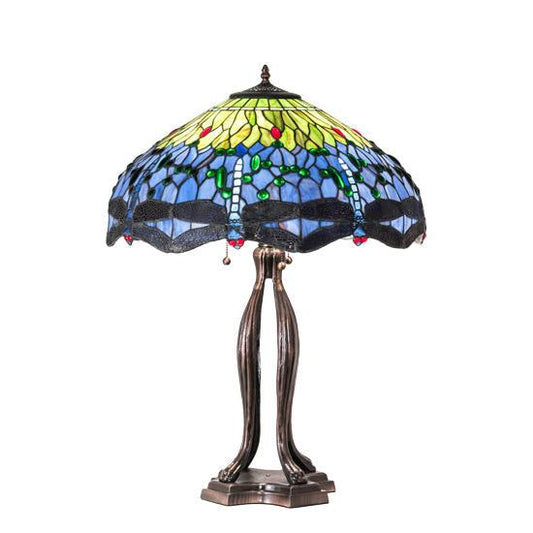 Meyda Lighting Tiffany Hanginghead Dragonfly 33" 3-Light Mahogany Bronze Table Lamp With Multi-Colored Shade Glass