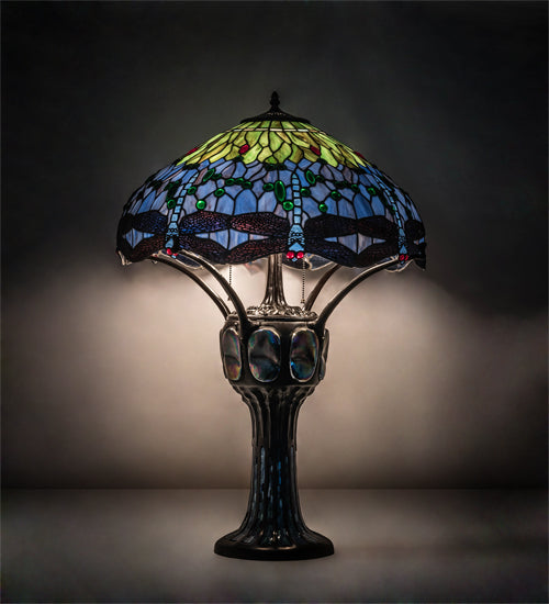 Meyda Lighting Tiffany Hanginghead Dragonfly 33" 3-Light Mahogany Bronze Table Lamp With Multi-Colored Stained Shade Glass