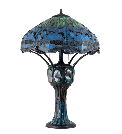Meyda Lighting Tiffany Hanginghead Dragonfly 33" 3-Light Mahogany Bronze Table Lamp With Multi-Colored Stained Shade Glass