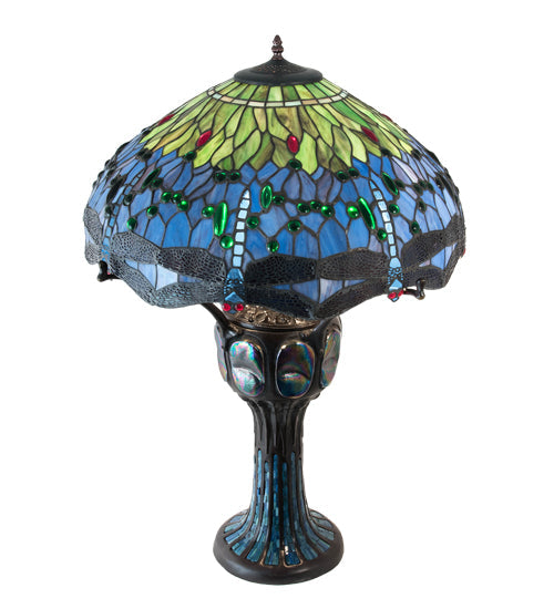 Meyda Lighting Tiffany Hanginghead Dragonfly 33" 3-Light Mahogany Bronze Table Lamp With Multi-Colored Stained Shade Glass