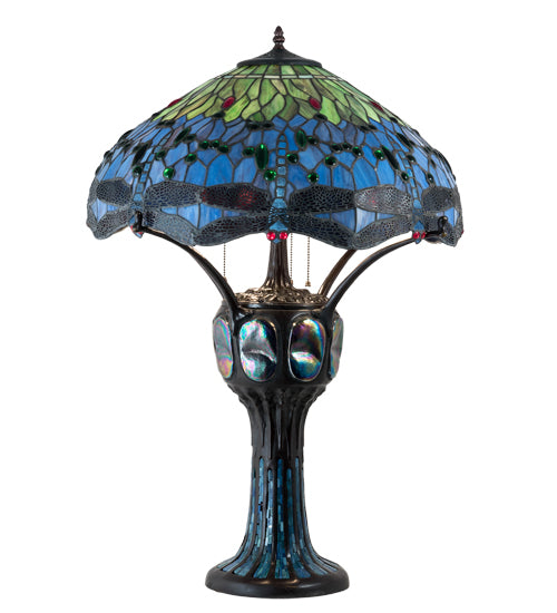 Meyda Lighting Tiffany Hanginghead Dragonfly 33" 3-Light Mahogany Bronze Table Lamp With Multi-Colored Stained Shade Glass