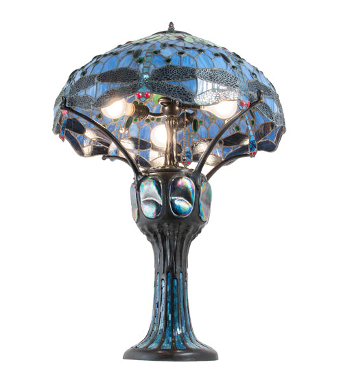 Meyda Lighting Tiffany Hanginghead Dragonfly 33" 3-Light Mahogany Bronze Table Lamp With Multi-Colored Stained Shade Glass