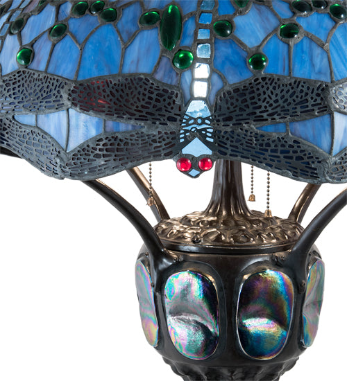 Meyda Lighting Tiffany Hanginghead Dragonfly 33" 3-Light Mahogany Bronze Table Lamp With Multi-Colored Stained Shade Glass