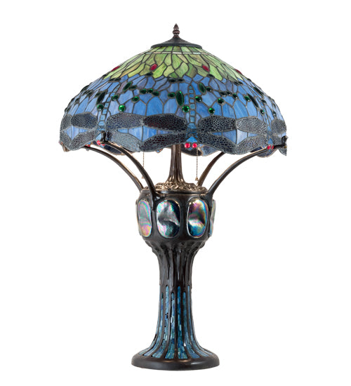 Meyda Lighting Tiffany Hanginghead Dragonfly 33" 3-Light Mahogany Bronze Table Lamp With Multi-Colored Stained Shade Glass