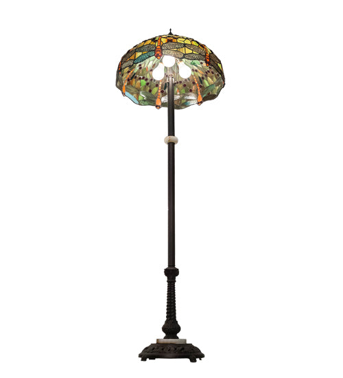 Meyda Lighting Tiffany Hanginghead Dragonfly 37702 62" 3-Light Mahogany Bronze Floor Lamp With Multi-Colored Shade Glass