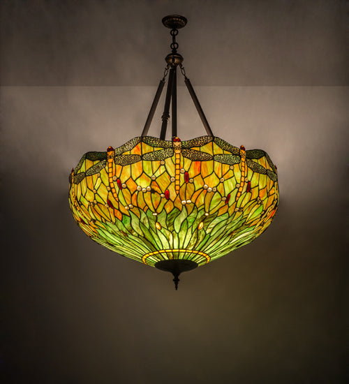 Meyda Lighting Tiffany Hanginghead Dragonfly 38" 4-Light Antique Inverted Pendant Light With Multi-Colored Shade Glass