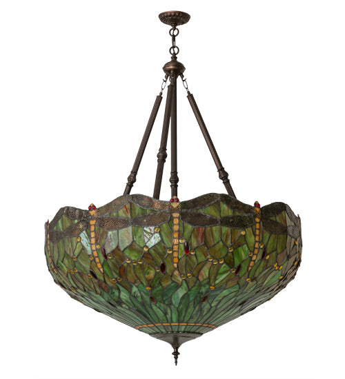 Meyda Lighting Tiffany Hanginghead Dragonfly 38" 4-Light Antique Inverted Pendant Light With Multi-Colored Shade Glass