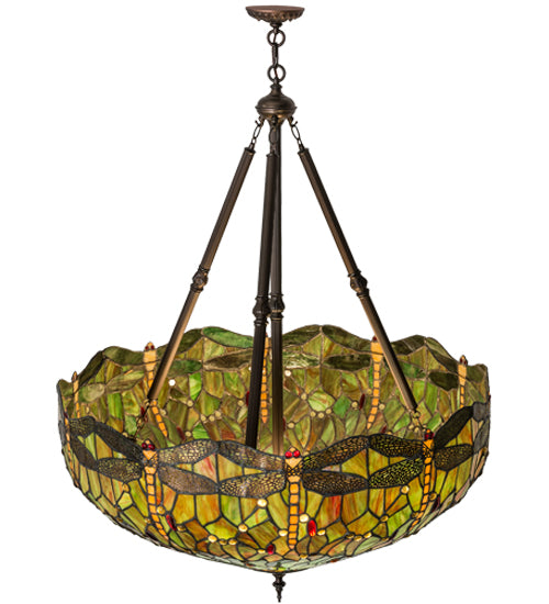 Meyda Lighting Tiffany Hanginghead Dragonfly 38" 4-Light Antique Inverted Pendant Light With Multi-Colored Shade Glass