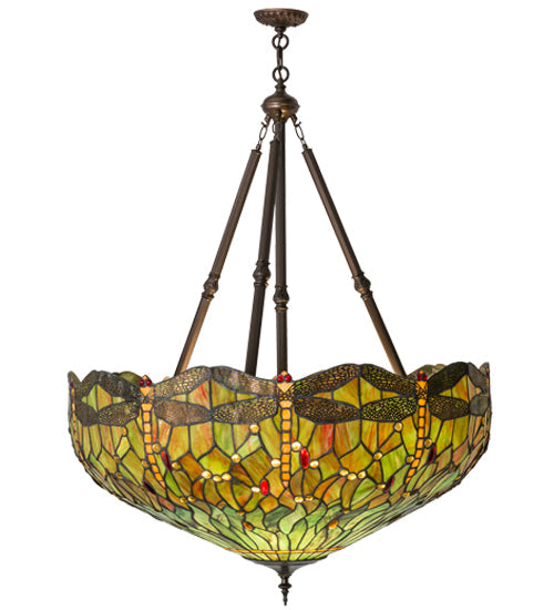 Meyda Lighting Tiffany Hanginghead Dragonfly 38" 4-Light Antique Inverted Pendant Light With Multi-Colored Shade Glass