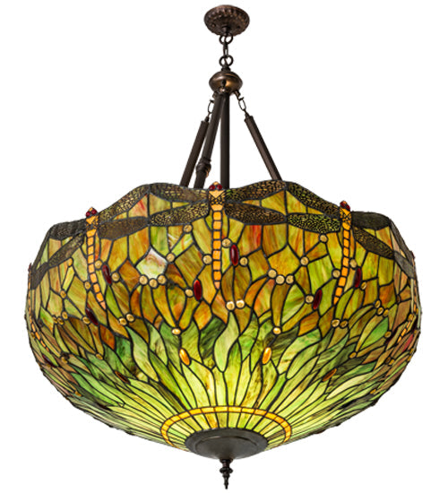 Meyda Lighting Tiffany Hanginghead Dragonfly 38" 4-Light Antique Inverted Pendant Light With Multi-Colored Shade Glass