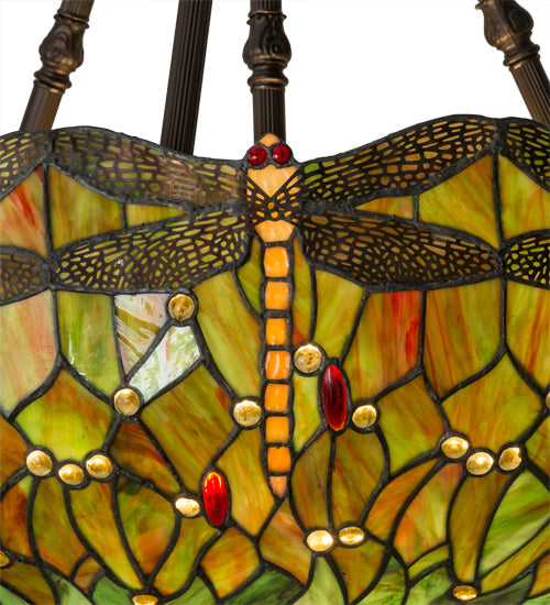 Meyda Lighting Tiffany Hanginghead Dragonfly 38" 4-Light Antique Inverted Pendant Light With Multi-Colored Shade Glass