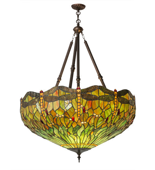 Meyda Lighting Tiffany Hanginghead Dragonfly 38" 4-Light Antique Inverted Pendant Light With Multi-Colored Shade Glass