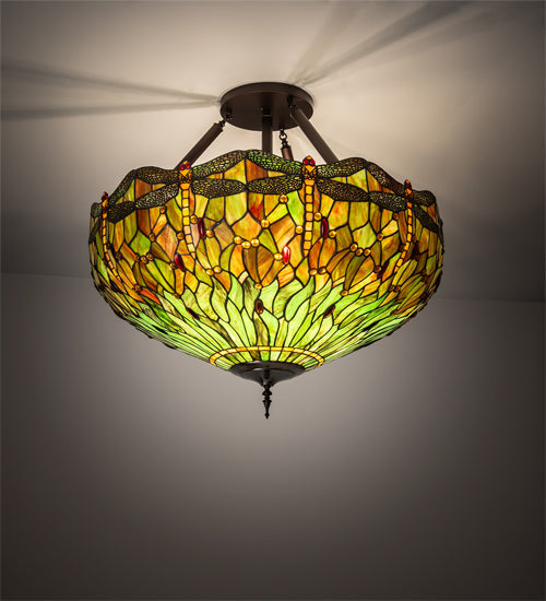 Meyda Lighting Tiffany Hanginghead Dragonfly 38" 5-Light Mahogany Bronze Inverted Pendant Light With Multi-Colored Stained Shade Glass