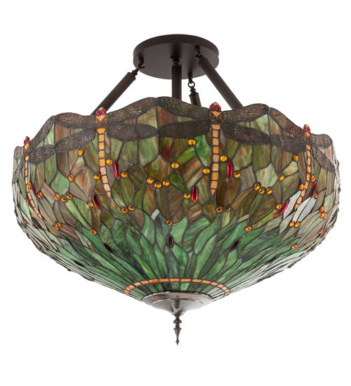 Meyda Lighting Tiffany Hanginghead Dragonfly 38" 5-Light Mahogany Bronze Inverted Pendant Light With Multi-Colored Stained Shade Glass