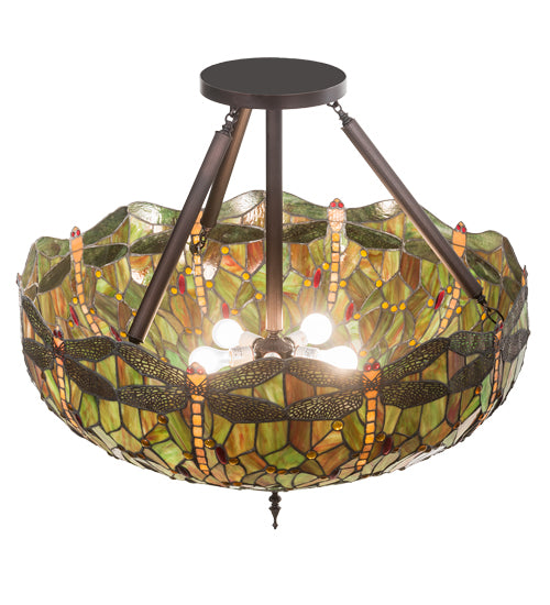 Meyda Lighting Tiffany Hanginghead Dragonfly 38" 5-Light Mahogany Bronze Inverted Pendant Light With Multi-Colored Stained Shade Glass