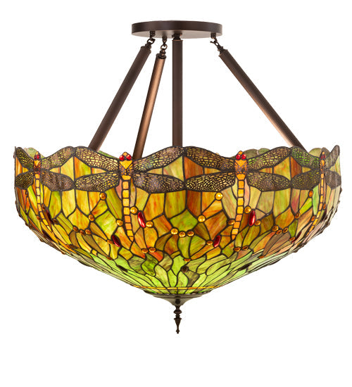 Meyda Lighting Tiffany Hanginghead Dragonfly 38" 5-Light Mahogany Bronze Inverted Pendant Light With Multi-Colored Stained Shade Glass