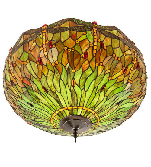 Meyda Lighting Tiffany Hanginghead Dragonfly 38" 5-Light Mahogany Bronze Inverted Pendant Light With Multi-Colored Stained Shade Glass