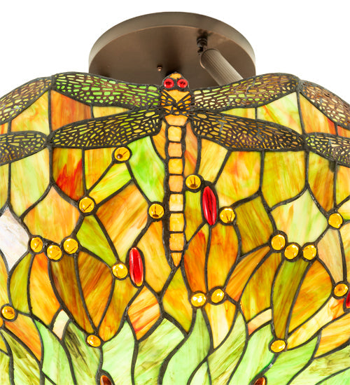 Meyda Lighting Tiffany Hanginghead Dragonfly 38" 5-Light Mahogany Bronze Inverted Pendant Light With Multi-Colored Stained Shade Glass