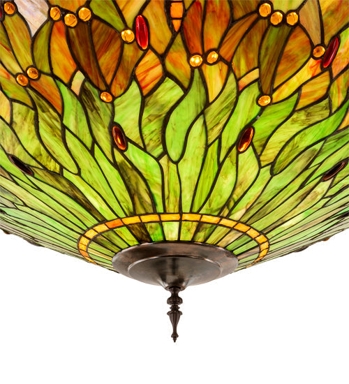 Meyda Lighting Tiffany Hanginghead Dragonfly 38" 5-Light Mahogany Bronze Inverted Pendant Light With Multi-Colored Stained Shade Glass