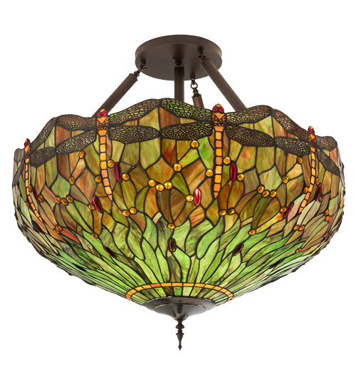 Meyda Lighting Tiffany Hanginghead Dragonfly 38" 5-Light Mahogany Bronze Inverted Pendant Light With Multi-Colored Stained Shade Glass