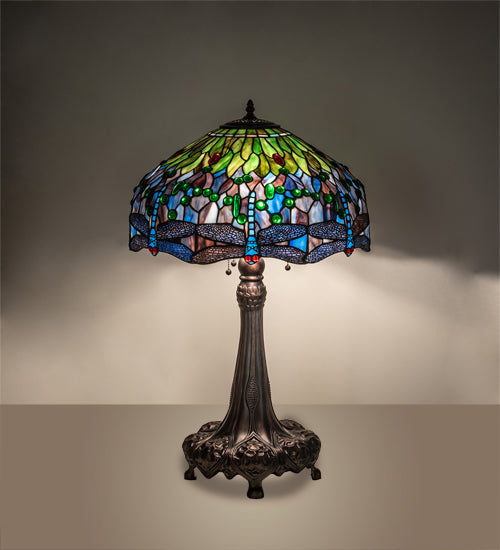Meyda Lighting Tiffany Hanginghead Dragonfly 47552 31" 3-Light Mahogany Bronze Table Lamp With Multi-Colored Shade Glass